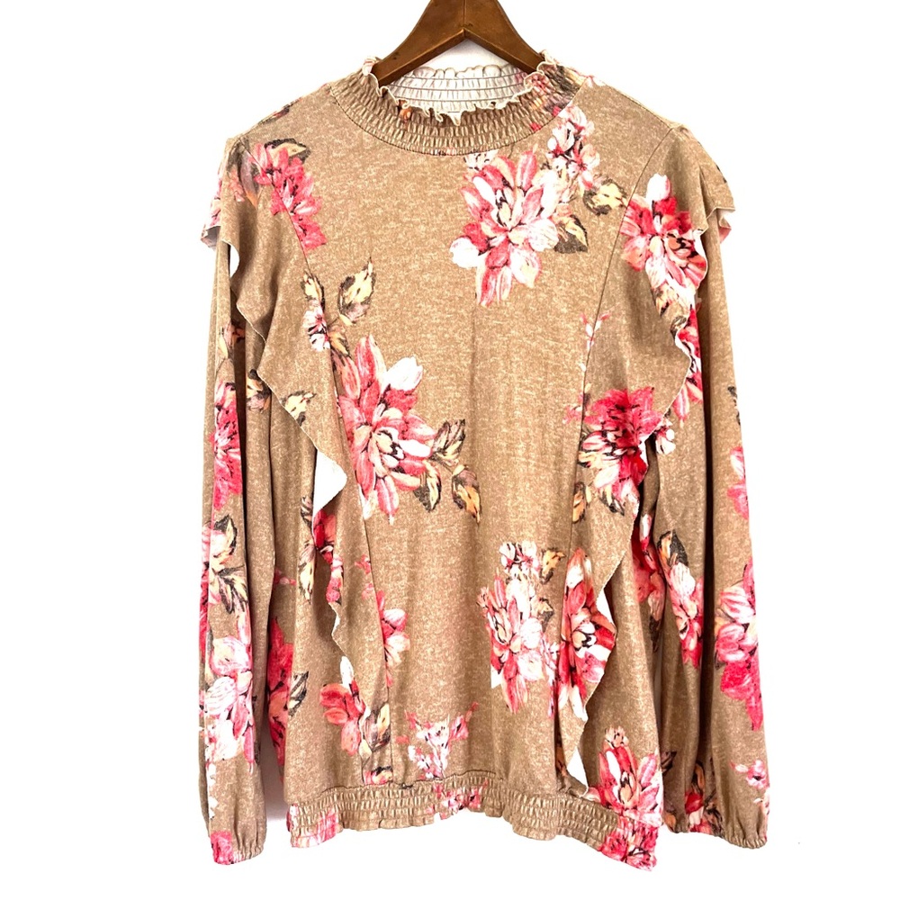 Maurices Sweater Tan Floral Lightweight Knit High Collar Size 1X Front Ruffles